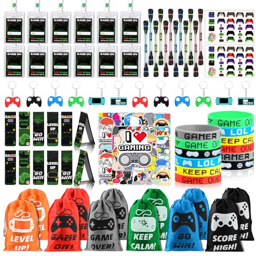 KISPATTI Video Game Party Favors 124 PCS Gaming Birthday Party Supplies with Drawstring Bags VIP Pass Tickets Silicone Bracelet Keychain Temporary Tattoo Stickers Game Theme Goodie Bag for Kids Gamer - Image 1