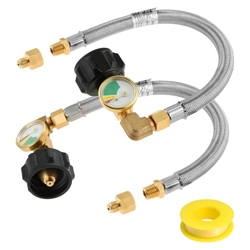 MCAMPAS RV Propane Hose with Pressure Gauge - 12" Stainless Steel Braided Pigtail Hose (1/4" NPT to Inverted Flare) for Two-Stage Regulators - Universal Fit Camper/Trailer/RV Gas Systems (2-Pack) - Image 1