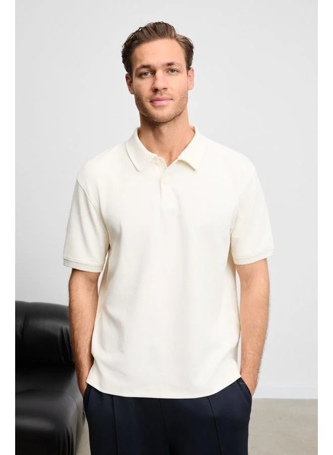 GRIMELANGE MINNUTU Men's Organic Cotton Polo Collared Regular Fit Beige T-Shirt.