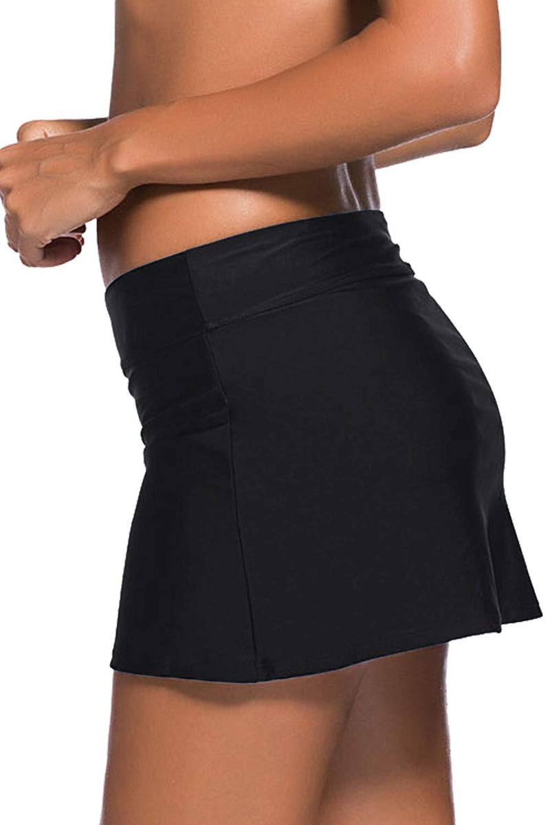 REKITA Women Swim Skirt Solid Color Waistband Skort Bikini Bottom,Black,Small - Image 3