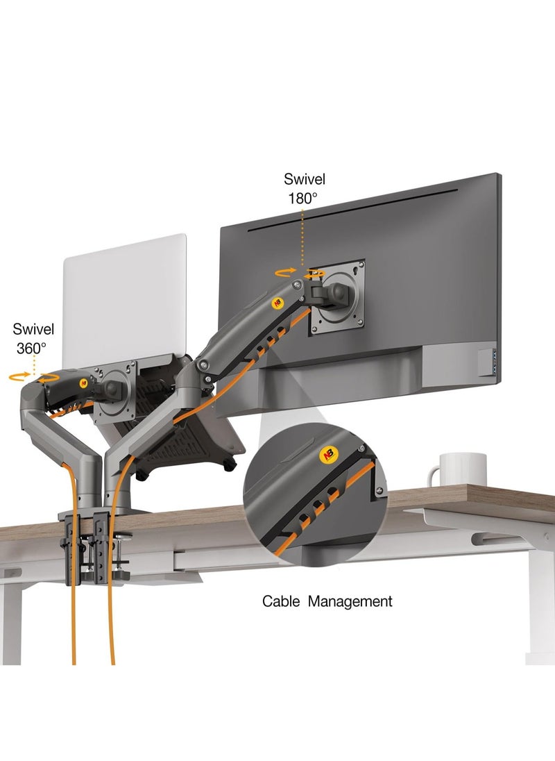 NB ERGONOMIC - NB ERGONOMIC Laptop Mount with Adjustable Tray for 10-17”Notebook, Full Motion Arm with VESA Plate for 17-30”Monitor,Clamp-on Grommet Mounting F160-FP (Black) - Image 1