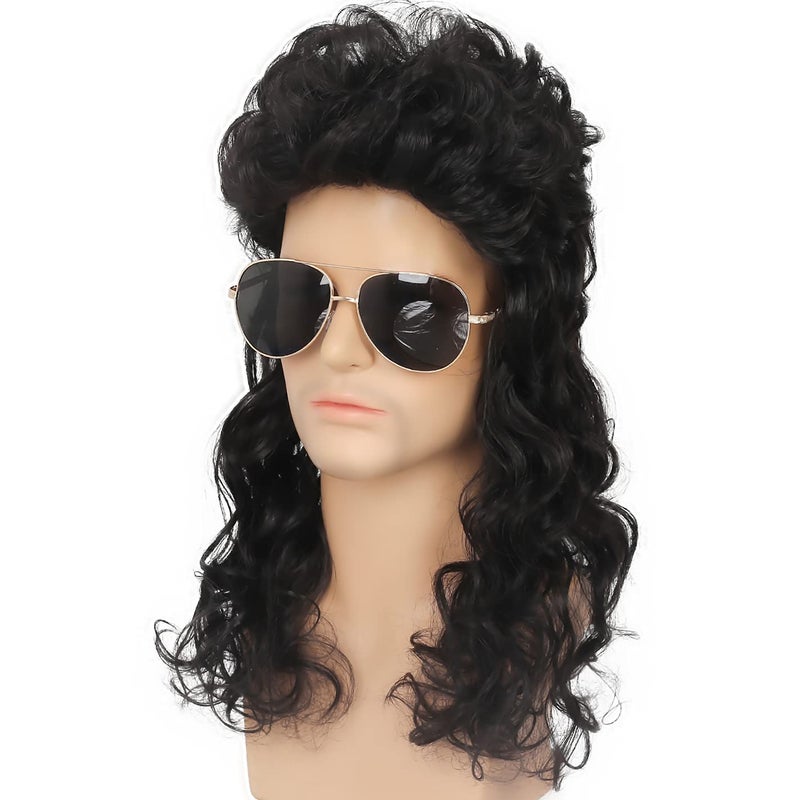 Kaneles Mullet Wig  Mens Black Long Curly Hair  70s 80s Male Wig  Punk Rocker Halloween Costume
