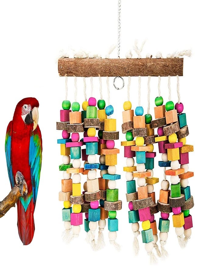 Kikerike Parrot Chewing Toy Bird Bite Toy with Colorful Wood Beads, Multicolored Natural Wooden Block Cage Toys for Macaw Cockatoo Parakeets - Image 1