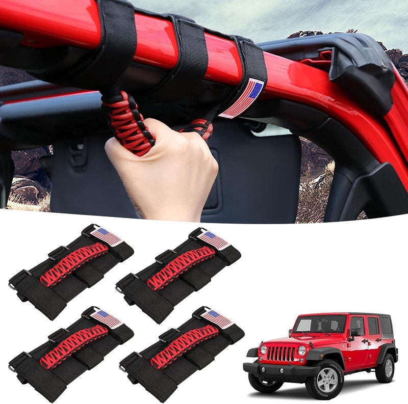 Gaizon 4 Pack Grab Handles Roll Bar Paracord Handgrip Handles with American Flag for Jeep Wrangler YJ TJ JK JL, Gladiator JT 1955-2022 (Red) - Image 1