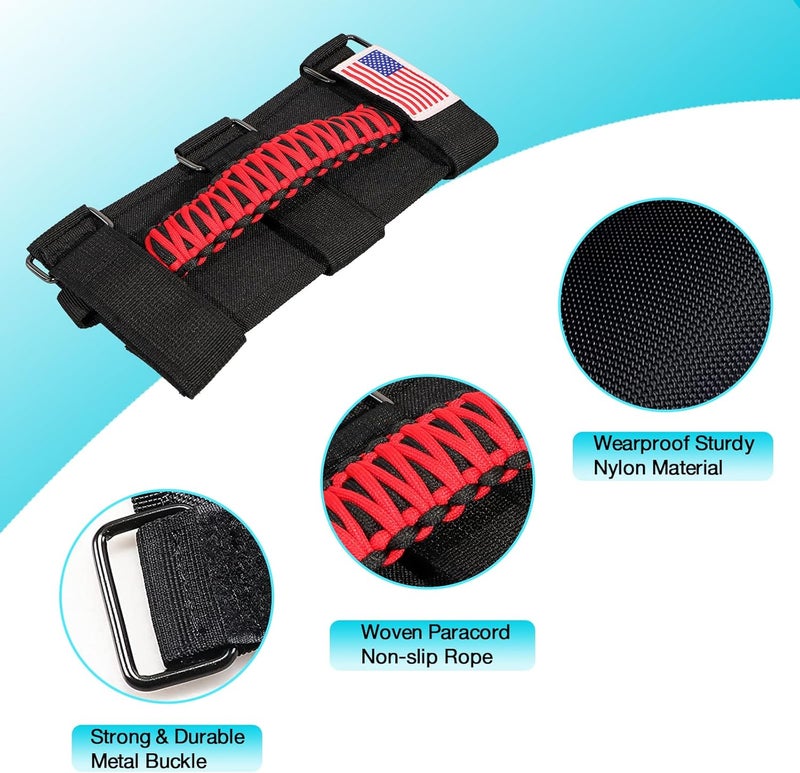 Gaizon 4 Pack Grab Handles Roll Bar Paracord Handgrip Handles with American Flag for Jeep Wrangler YJ TJ JK JL, Gladiator JT 1955-2022 (Red) - Image 3
