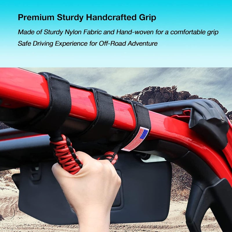 Gaizon 4 Pack Grab Handles Roll Bar Paracord Handgrip Handles with American Flag for Jeep Wrangler YJ TJ JK JL, Gladiator JT 1955-2022 (Red) - Image 4