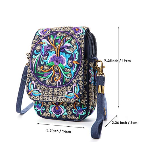 SILKAREA Embroidery Canvas Small Crossbody Purse Cell-phone Bag for Women's Cute Mini Messenger Bag Wristlet Wallet Bag (Blue + Flower) - Image 4