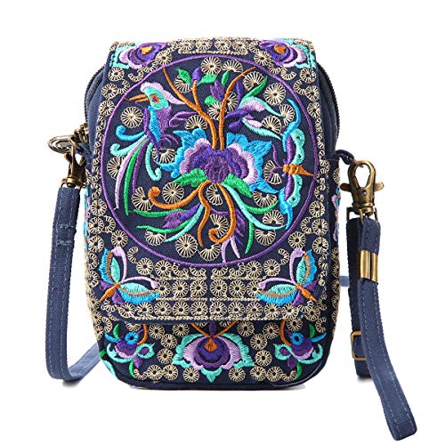SILKAREA Embroidery Canvas Small Crossbody Purse Cell-phone Bag for Women's Cute Mini Messenger Bag Wristlet Wallet Bag (Blue + Flower) - Image 1