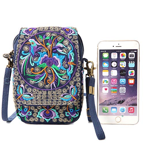 SILKAREA Embroidery Canvas Small Crossbody Purse Cell-phone Bag for Women's Cute Mini Messenger Bag Wristlet Wallet Bag (Blue + Flower) - Image 3