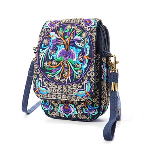 SILKAREA Embroidery Canvas Small Crossbody Purse Cell-phone Bag for Women's Cute Mini Messenger Bag Wristlet Wallet Bag (Blue + Flower) - Image 2