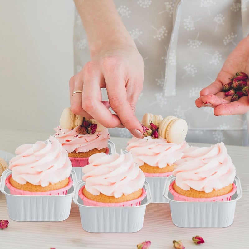Skylety 100 Pcs 5 oz Mini Square Baking Pan with Lid Aluminum Foil Cupcake Pan Brownie Baking Cup Disposable Ramekins Individual Tin Dessert Containers for Kitchen (White) - Image 3