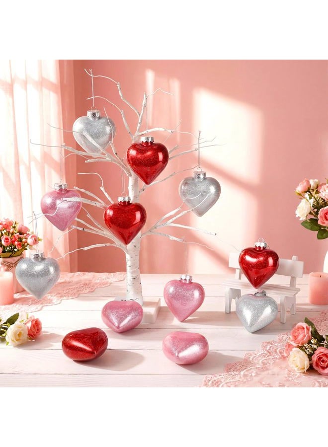 Civaner 12 Pcs Large Heart Shaped Ornaments for Valentine's Day Decor, Glitter Heart Shaped Baubles with Pre-Strung Gold/Silver Wire, Romantic Valentine Tree Home Hanging Decorations (Red Pink Silver) - Image 4