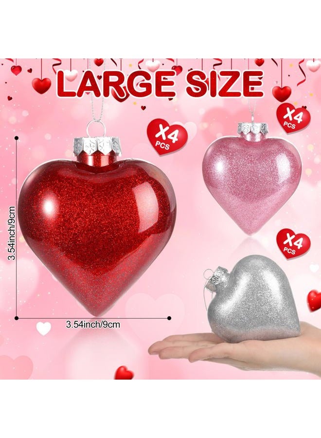 Civaner 12 Pcs Large Heart Shaped Ornaments for Valentine's Day Decor, Glitter Heart Shaped Baubles with Pre-Strung Gold/Silver Wire, Romantic Valentine Tree Home Hanging Decorations (Red Pink Silver) - Image 2