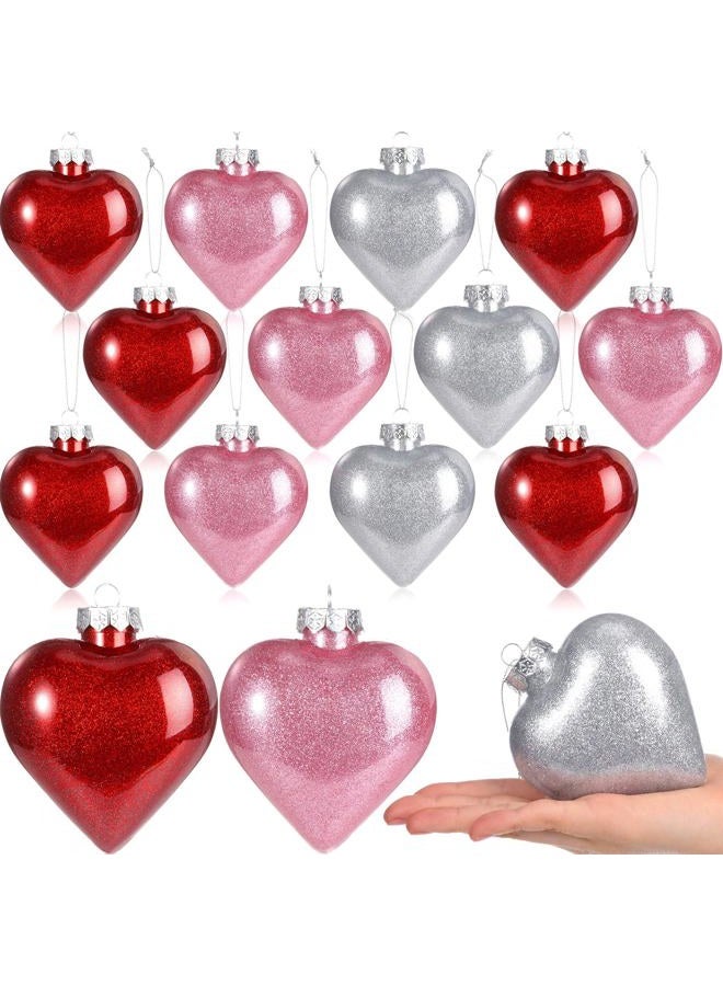 Civaner 12 Pcs Large Heart Shaped Ornaments for Valentine's Day Decor, Glitter Heart Shaped Baubles with Pre-Strung Gold/Silver Wire, Romantic Valentine Tree Home Hanging Decorations (Red Pink Silver) - Image 1