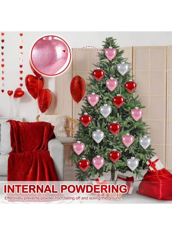 Civaner 12 Pcs Large Heart Shaped Ornaments for Valentine's Day Decor, Glitter Heart Shaped Baubles with Pre-Strung Gold/Silver Wire, Romantic Valentine Tree Home Hanging Decorations (Red Pink Silver) - Image 3
