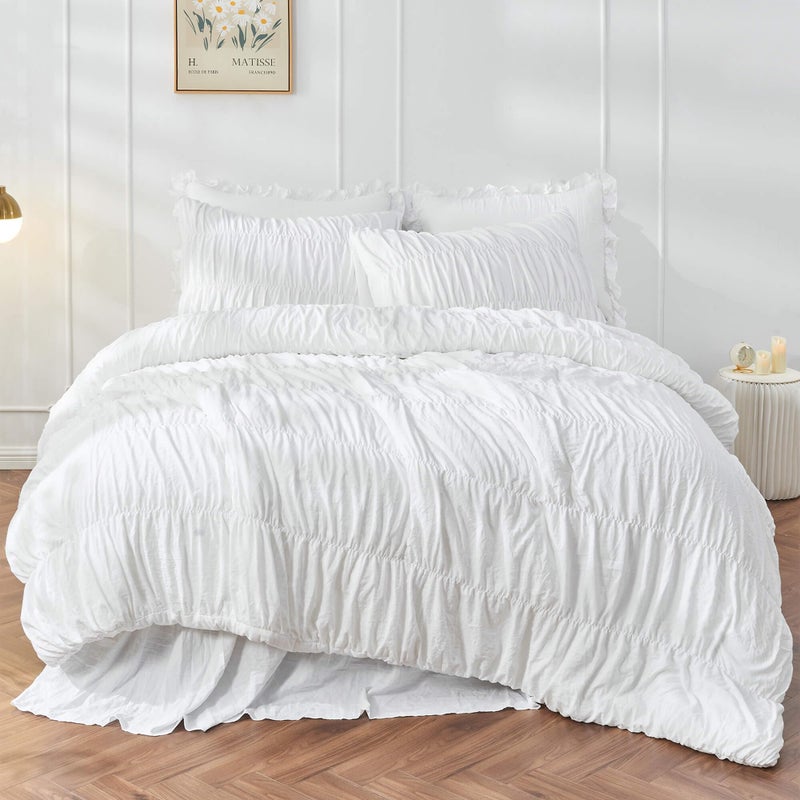 Queen Comforter Set White Bedding  Ruched Comforter Queen Size Bed Set Boho Shabby Chic Bedding for Bedroom Comforter Fluffy 3 Piece Ruffle Comforter Set with Pillow White Soft