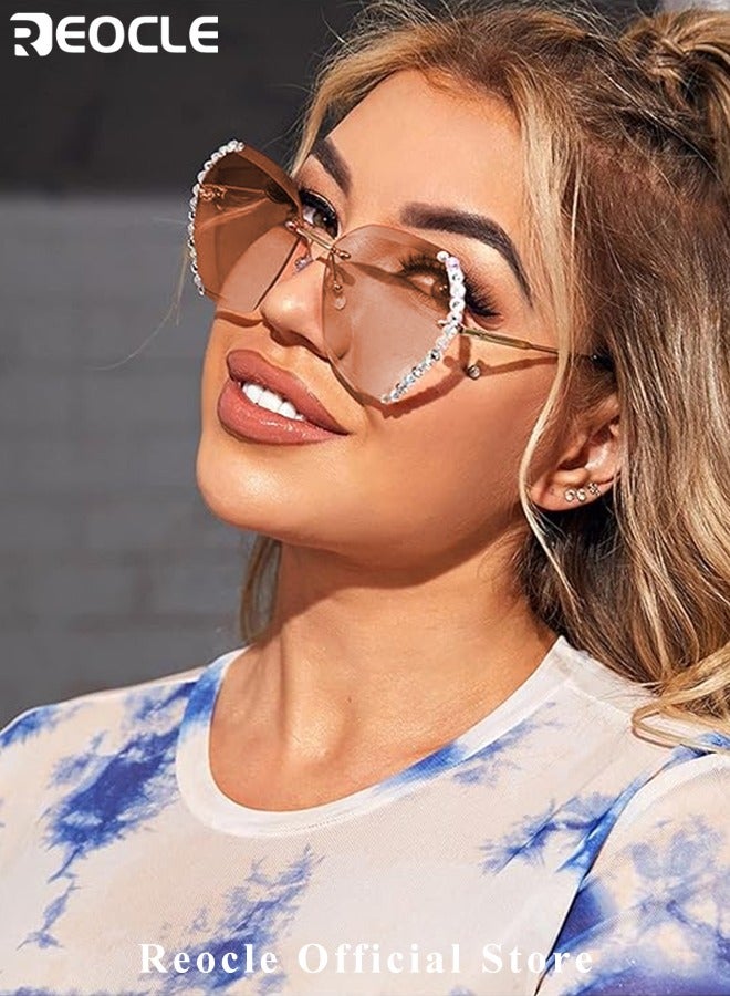 REOCLE Women's Square Crystal Sunglasses Shades Rimless Rhinestone Sun Glasses Female Diamonds Party Eyewear Crystal Rhinestone Sunglasses - Image 2