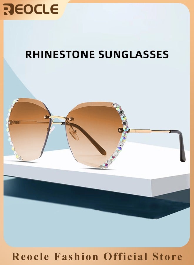 REOCLE Women's Square Crystal Sunglasses Shades Rimless Rhinestone Sun Glasses Female Diamonds Party Eyewear Crystal Rhinestone Sunglasses - Image 1