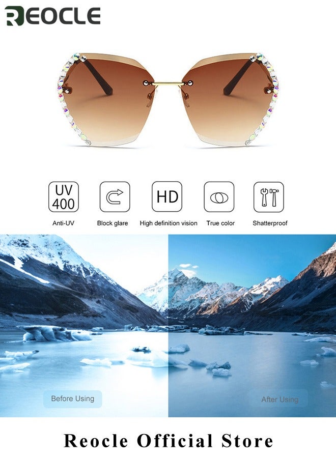 REOCLE Women's Square Crystal Sunglasses Shades Rimless Rhinestone Sun Glasses Female Diamonds Party Eyewear Crystal Rhinestone Sunglasses - Image 3