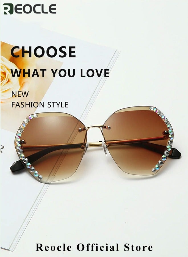 REOCLE Women's Square Crystal Sunglasses Shades Rimless Rhinestone Sun Glasses Female Diamonds Party Eyewear Crystal Rhinestone Sunglasses - Image 4