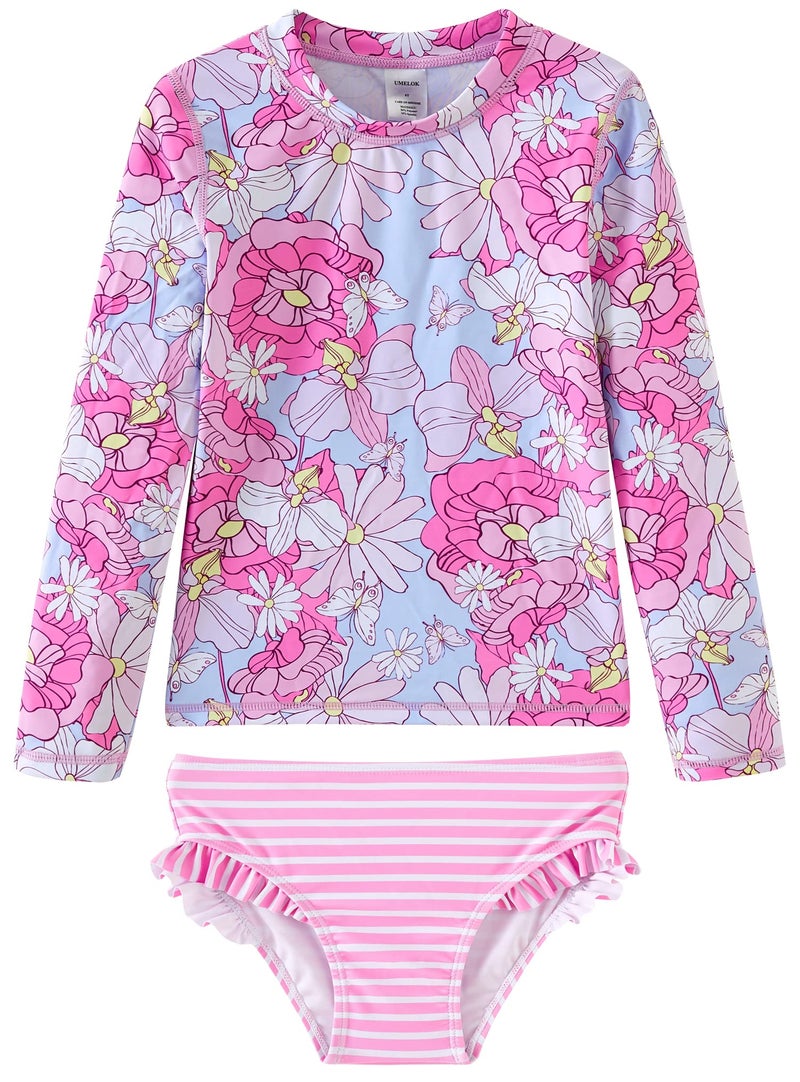 UMELOK Little Girls' Rashguard Sets Swimwear 2-Pieces Long Sleeve Bathing Suit Swimsuit Sets Pink, Dahlia 7Y - Image 1
