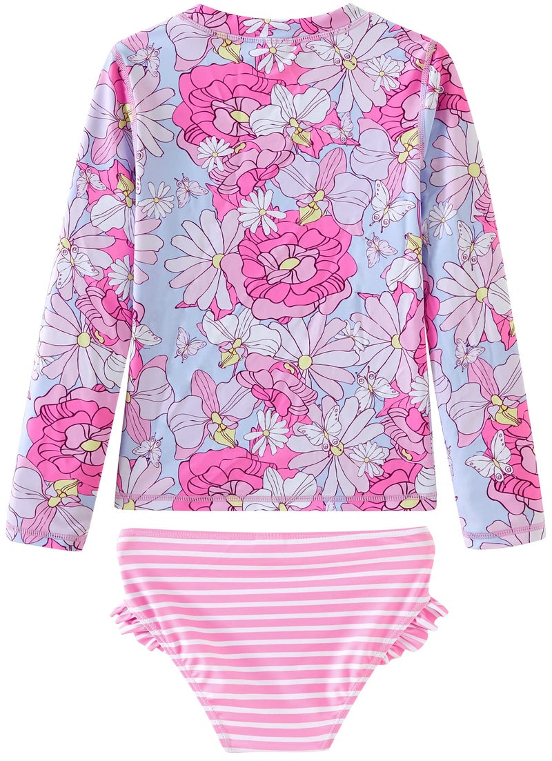 UMELOK Little Girls' Rashguard Sets Swimwear 2-Pieces Long Sleeve Bathing Suit Swimsuit Sets Pink, Dahlia 7Y - Image 3