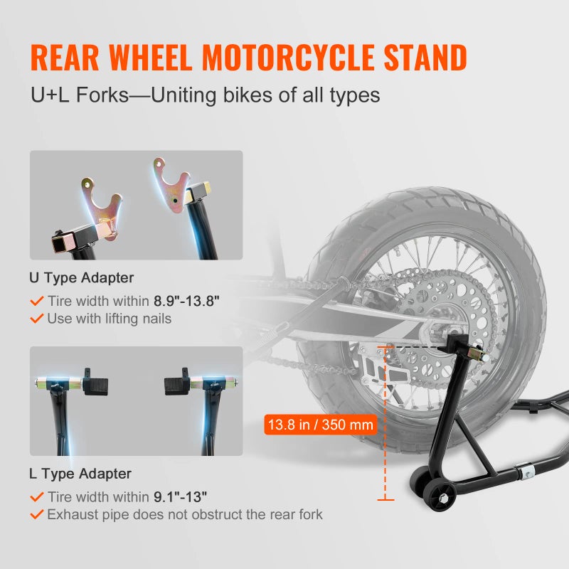 vevor Motorcycle Stand Lift 850lbs Front Rear Combo Stand Lift Stand Front Wheel Fork Stand Rear U+L Fork Swingarm Spool Stand Compatible with Most Yamaha Honda Kawasaki Suzuki Motorcycles Black - Image 3
