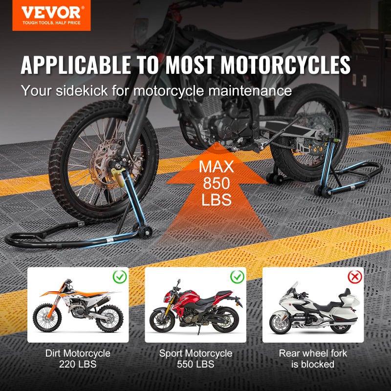 vevor Motorcycle Stand Lift 850lbs Front Rear Combo Stand Lift Stand Front Wheel Fork Stand Rear U+L Fork Swingarm Spool Stand Compatible with Most Yamaha Honda Kawasaki Suzuki Motorcycles Black - Image 2