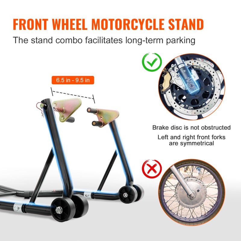 vevor Motorcycle Stand Lift 850lbs Front Rear Combo Stand Lift Stand Front Wheel Fork Stand Rear U+L Fork Swingarm Spool Stand Compatible with Most Yamaha Honda Kawasaki Suzuki Motorcycles Black - Image 4