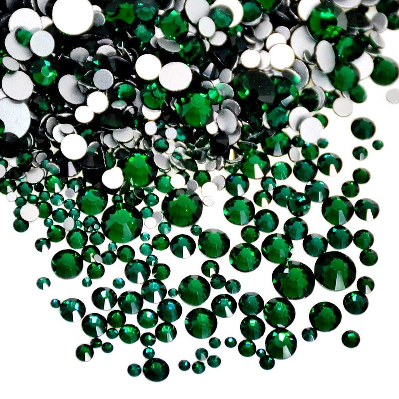 AD Beads 1440 Pieces Mixed Size No Hotfix Glue on Quality Glass Flatback Rhinestones Round Crystal Gems 11 Emerald