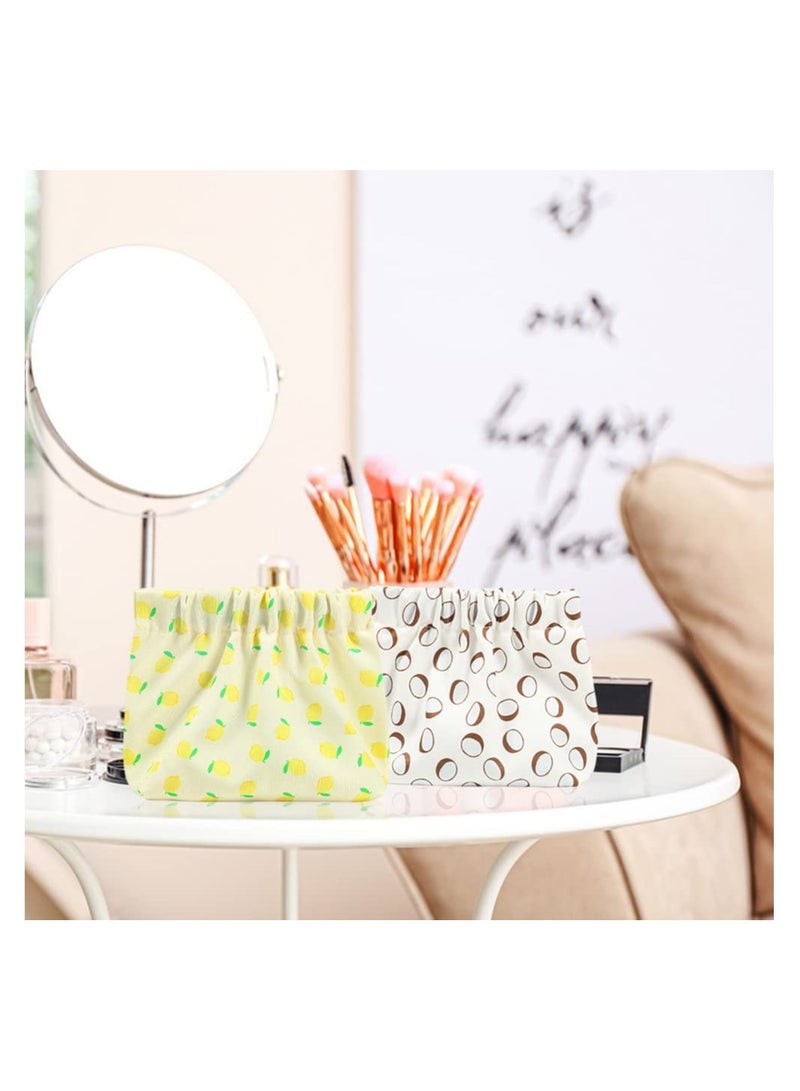 2Pcs Lambskin Mini Makeup Bag Small for Purse Waterproof Floral Travel Pouch Organizer Lipstick Headphones Jewelry Yellow and Brown - Image 3