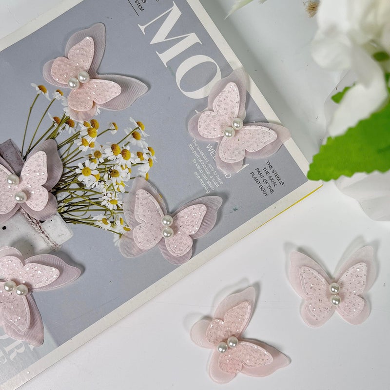 VIRFONOR 15pcs Pearl Organza Butterfly Embroidered Lace Trim,Double Layers Butterfly Wedding Appliques Sewing Lace for DIY Craft Wedding Bride Hair Dress Hat Accessories (Pink) - Image 1