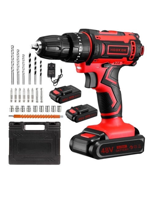 HOOKOR 48V Cordless Drill,Variable 2 Speed, LED Light, Power Drill Kit with 2 Lithium Ion Battery and Charger, Electric Drill with Variable Speed for Home DIY and Repair,Drill/Driver Accessories Kit