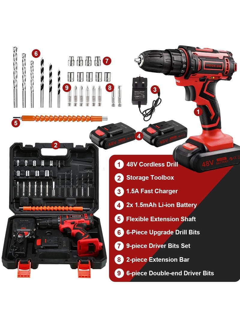 HOOKOR 48V Cordless Drill,Variable 2 Speed, LED Light, Power Drill Kit with 2 Lithium Ion Battery and Charger, Electric Drill with Variable Speed for Home DIY and Repair,Drill/Driver Accessories Kit
