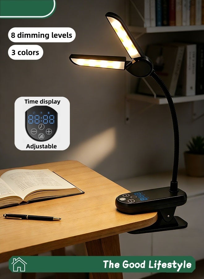 MENG ZHI AO Rechargeable LED Book Light – Double Head Clip-On Reading Light, 9 Brightness Settings, 3 Color Modes, 1000mAh Battery, Eye-Friendly, For Music Stand, Bedside & Travel
