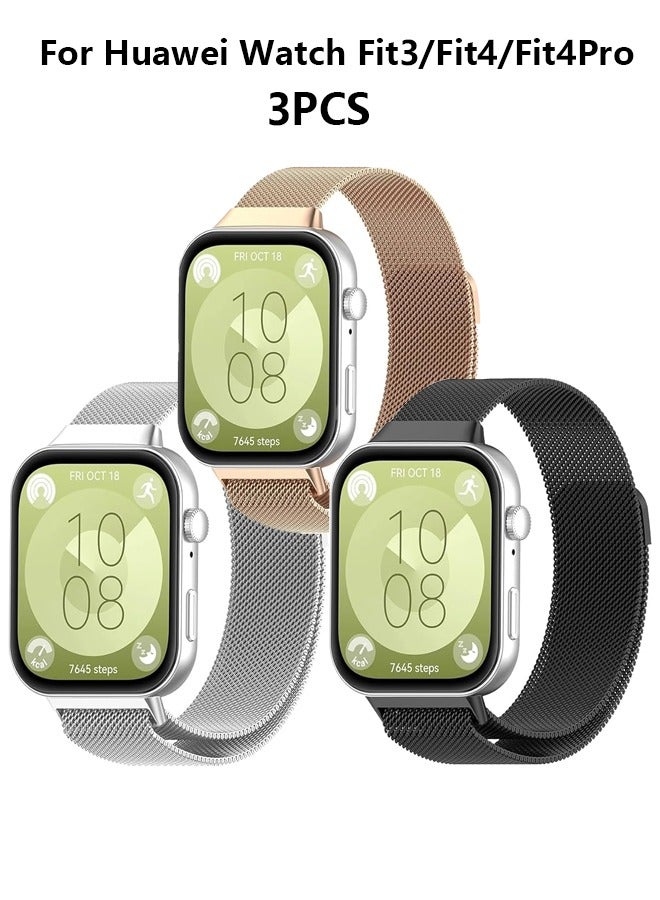 OLYSON 3PCS Suitable for Huawei Watch Fit 3/Huawei Watch Fit 4/ 4Pro metal Milanese Magnetic Loop Watch Strap.( Black, Rose Gold, Silver ) - Image 1