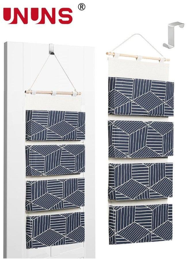 UNUNS Over Door Hanging Storage Bags,Wall Mount Closet Organizer,4 Big Pockets Linen Cotton Fabric Shelves,Multi-Functional Organizer For Living Room Bedroom Bathroom File Magazine,Navy 80x30cm - Image 1