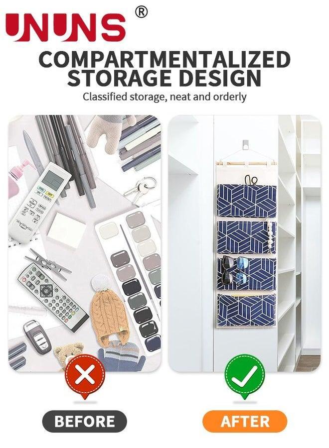UNUNS Over Door Hanging Storage Bags,Wall Mount Closet Organizer,4 Big Pockets Linen Cotton Fabric Shelves,Multi-Functional Organizer For Living Room Bedroom Bathroom File Magazine,Navy 80x30cm - Image 2