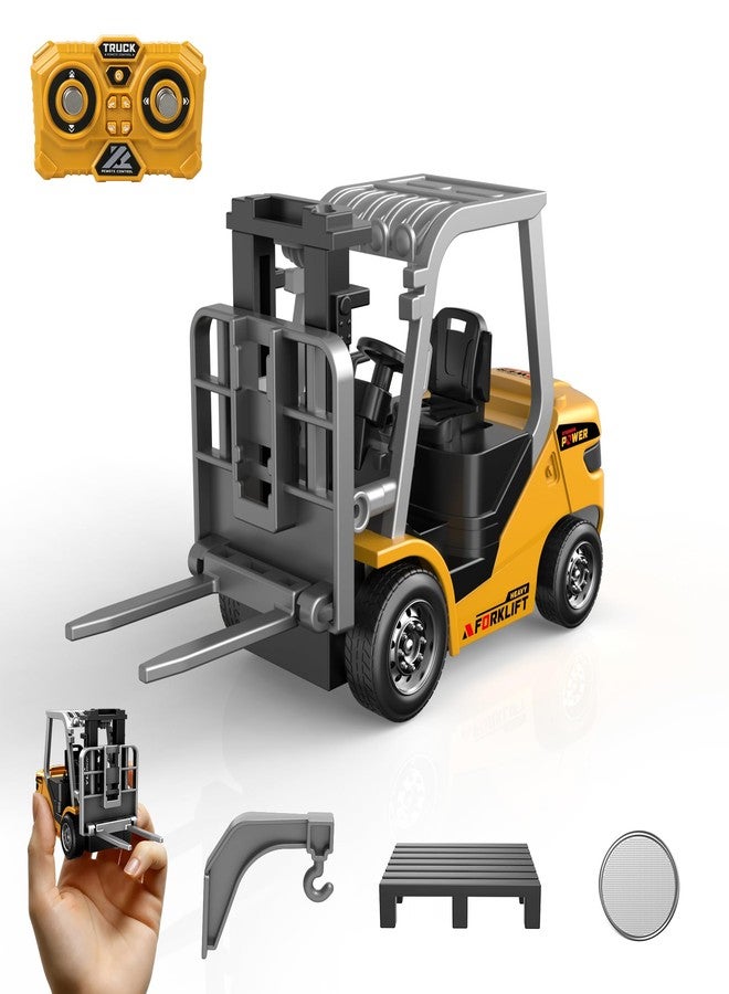 Dwi Dowellin Mini 1/64 RC Forklift Toy, Remote Control Forklift Truck, 2 in 1 Transformable Lift Fork & Hook for Adults Kids Boys and Girls(Yellow) - Image 1