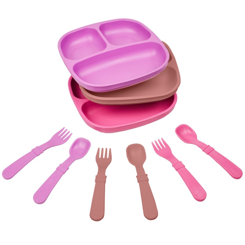 RePlay 3x3 Divided Toddler Plates and Utensils Set  Toddler Forks and Spoons Set  Dishwasher and Microwave Safe  Made in USA  Berry