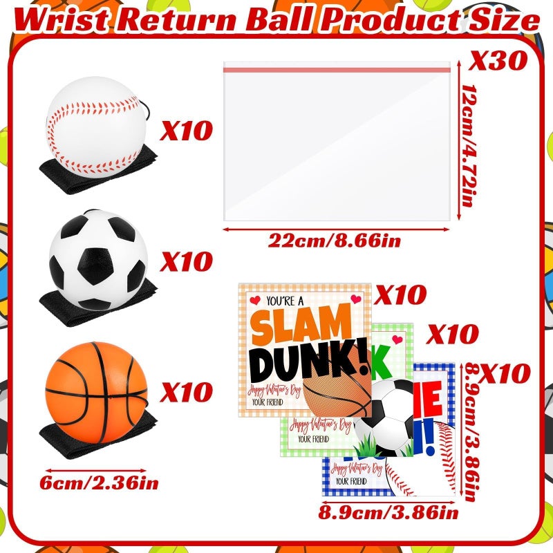 Gosodeny 30 Set Valentines Gifts Bulk Wrist Return Ball Set 2.36'' Rubber Rebound Bouncy Sport Ball Basketball Baseball Football Balls for Adults Wrist Exercise or Play Balls Sports Fans Party Favors - Image 2