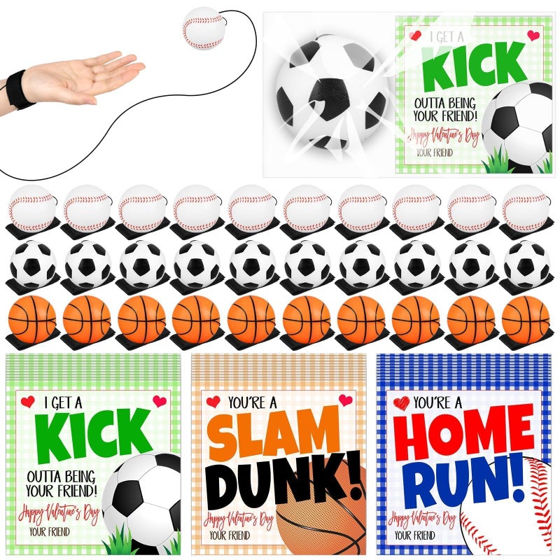 Gosodeny 30 Set Valentines Gifts Bulk Wrist Return Ball Set 2.36'' Rubber Rebound Bouncy Sport Ball Basketball Baseball Football Balls for Adults Wrist Exercise or Play Balls Sports Fans Party Favors - Image 1
