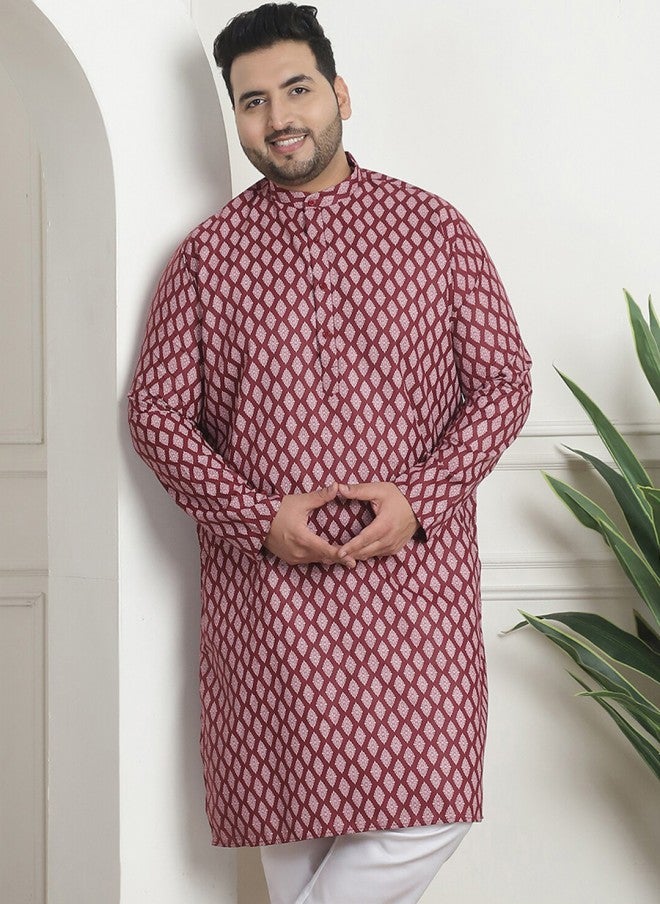 Sojanya قميص طويل مزخرف باللون الماروني للرجال - Image 1