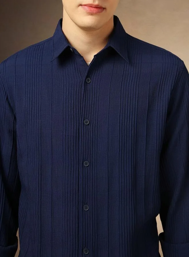 Dennis Lingo Dennis Lingo Textured Striped Relaxed Fit Spread Collar Shirt