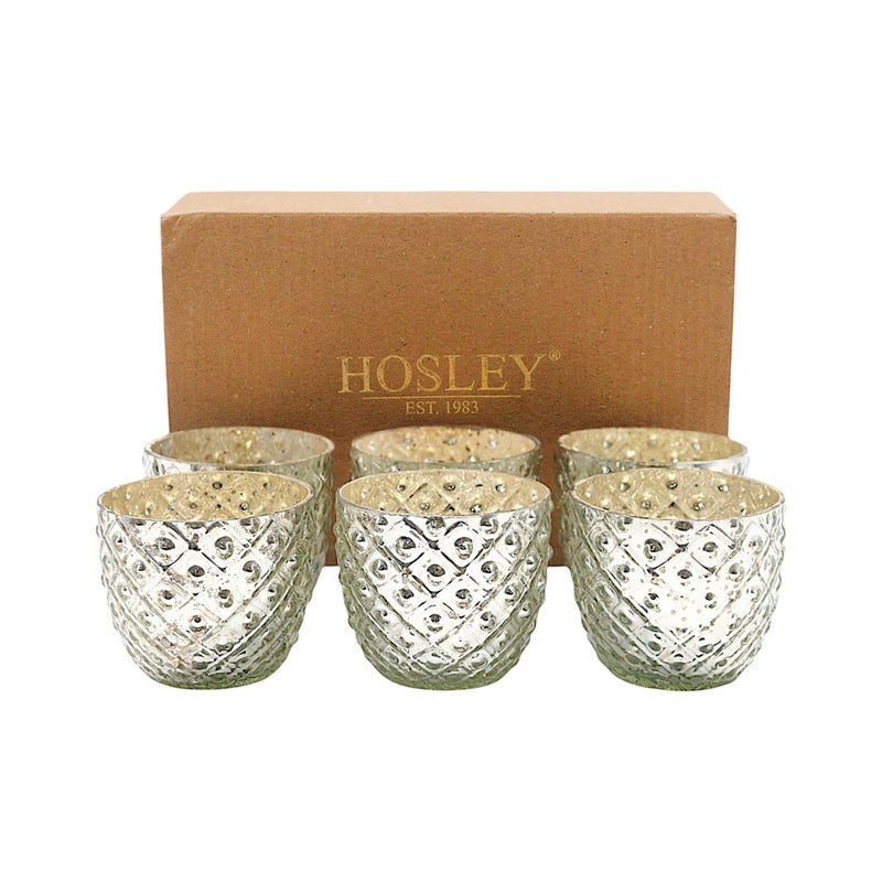 Hosley Set of 6 Metallic Antique Silver Glass Votive Tealight Farmhouse Candle Holder 275 Inch Diameter Ideal for Bridal Weddings Parties Events Spa Settings and Aromatherapy MINI Flower Pot O4