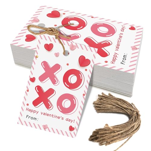 Aukolass Happy Valentine's Day Tags, Valentine's Day Gift Tags with String for Sweet Themed Party or Valentine' Day Thank You Gift Tags Great for Party Favors (XOXO) - Image 1