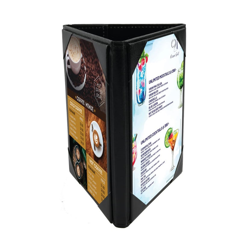 ONLVAN Leather Table Tent Leather Menu Holder Sign Display Black Menu Covers for Cafes Bars or Restaurant for 4×6 Inch Menus 3 sided triangle shape table tent 1 pack - Image 1