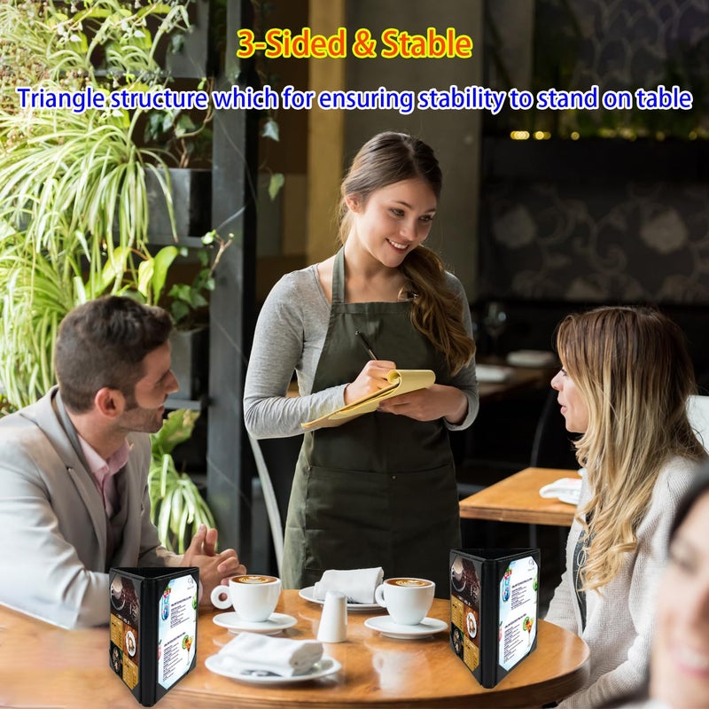 ONLVAN Leather Table Tent Leather Menu Holder Sign Display Black Menu Covers for Cafes Bars or Restaurant for 4×6 Inch Menus 3 sided triangle shape table tent 1 pack - Image 2