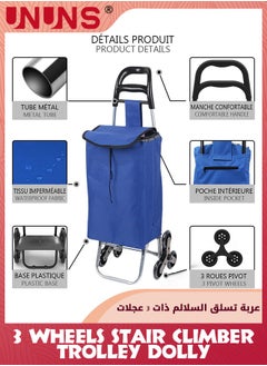 UNUNS Stair Climber Trolley Dolly,Folding Grocery Cart,3 Wheels Heavy Duty Shopping Hand Truck Made For Condos Apartments,97cm Handle Height,97x36x20CM,Blue  - Image 2