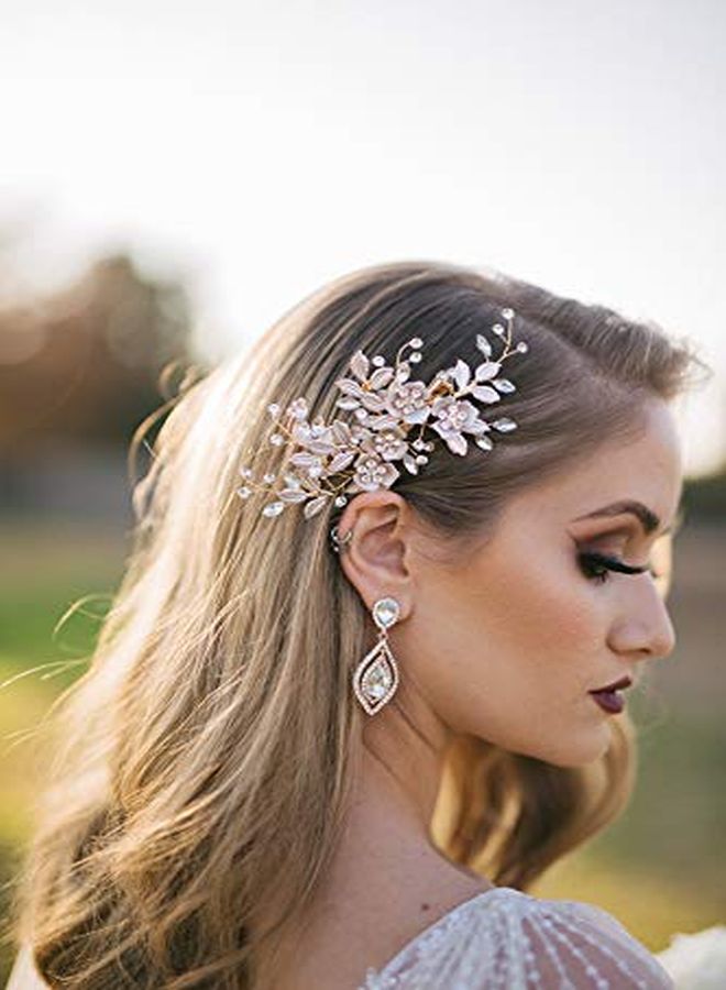 SWEETV Light Rose Gold Wedding Clip Rhinestone Bridal Comb Barrette - Handmade Flower Clip Head Pieces For Women - Image 2